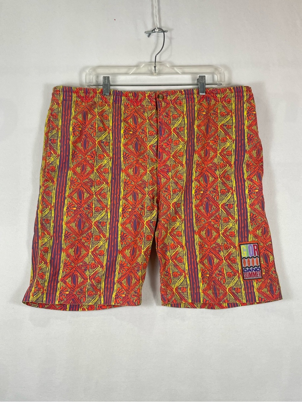 VTG Giordano Summer Cotton Shorts Surf Orange Drawstring Pattern Sz M 39.5/8.25
